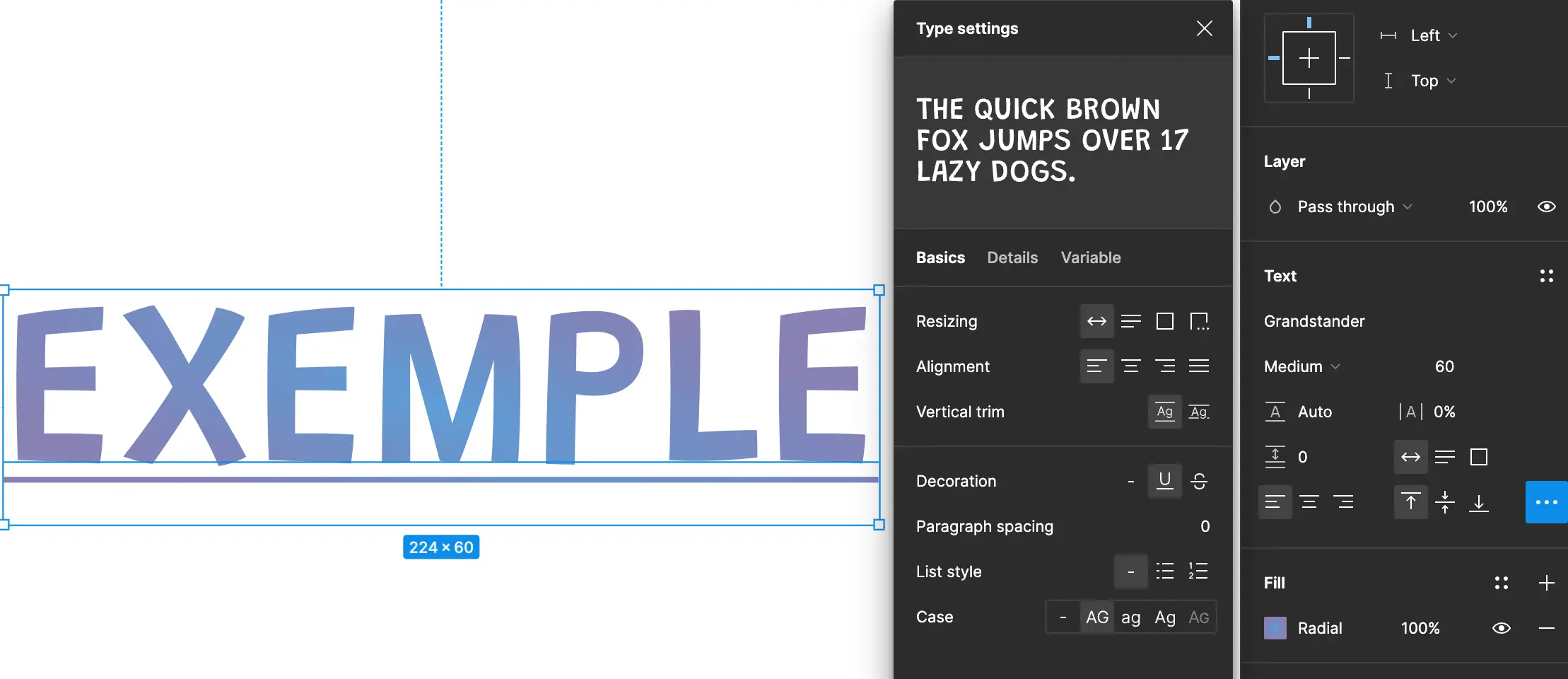 a text in figma interface with "exemple" written. on the right, we can see the text interface and the "advanced text settings" shown open as well