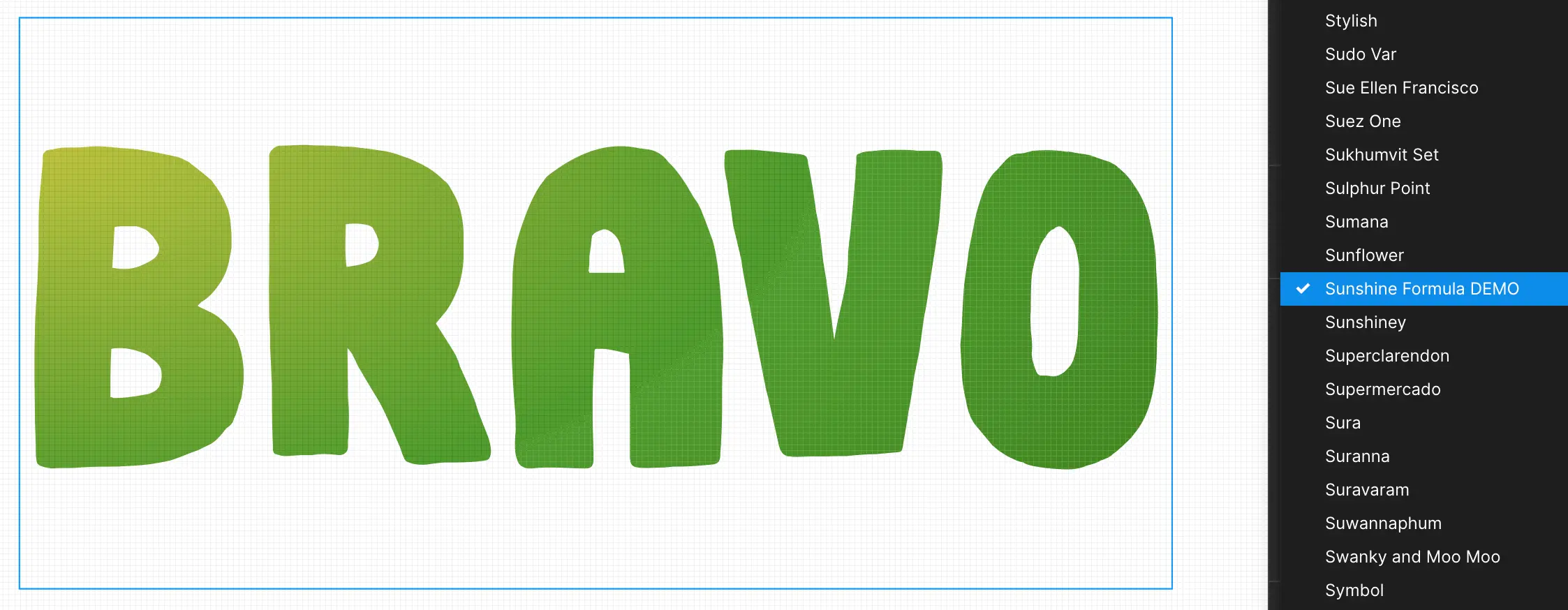 Bravo written in green sunshine formula capital letters, with the font shown within all e fonts available in Figma on the right