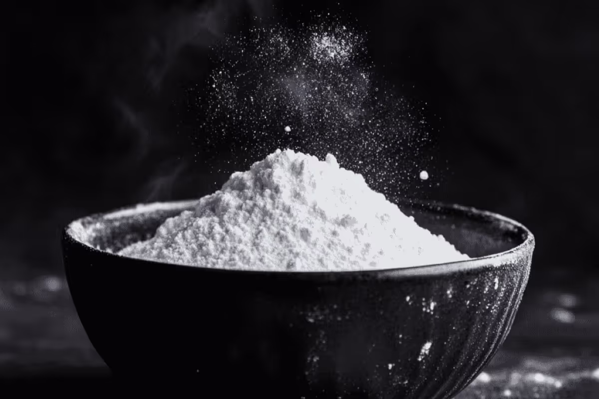 Black bowl filled with a mound of white powder with some powder particles floating above it.