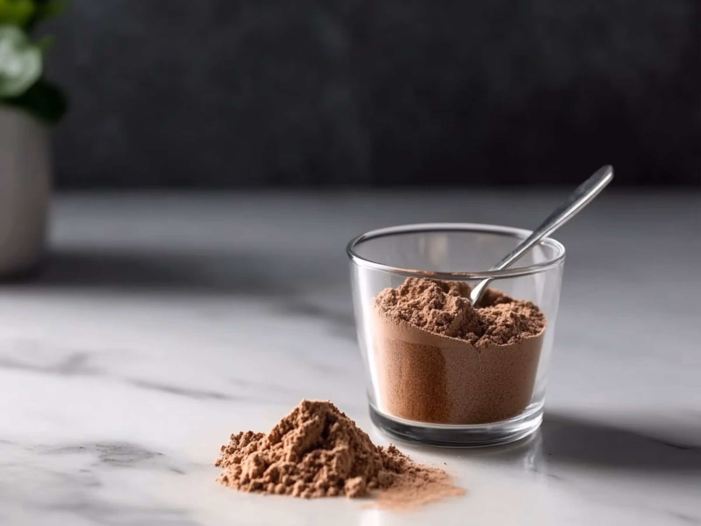 Small pile of chocolate powder next to a glass container filled with the same powder and a metal spoon resting inside.