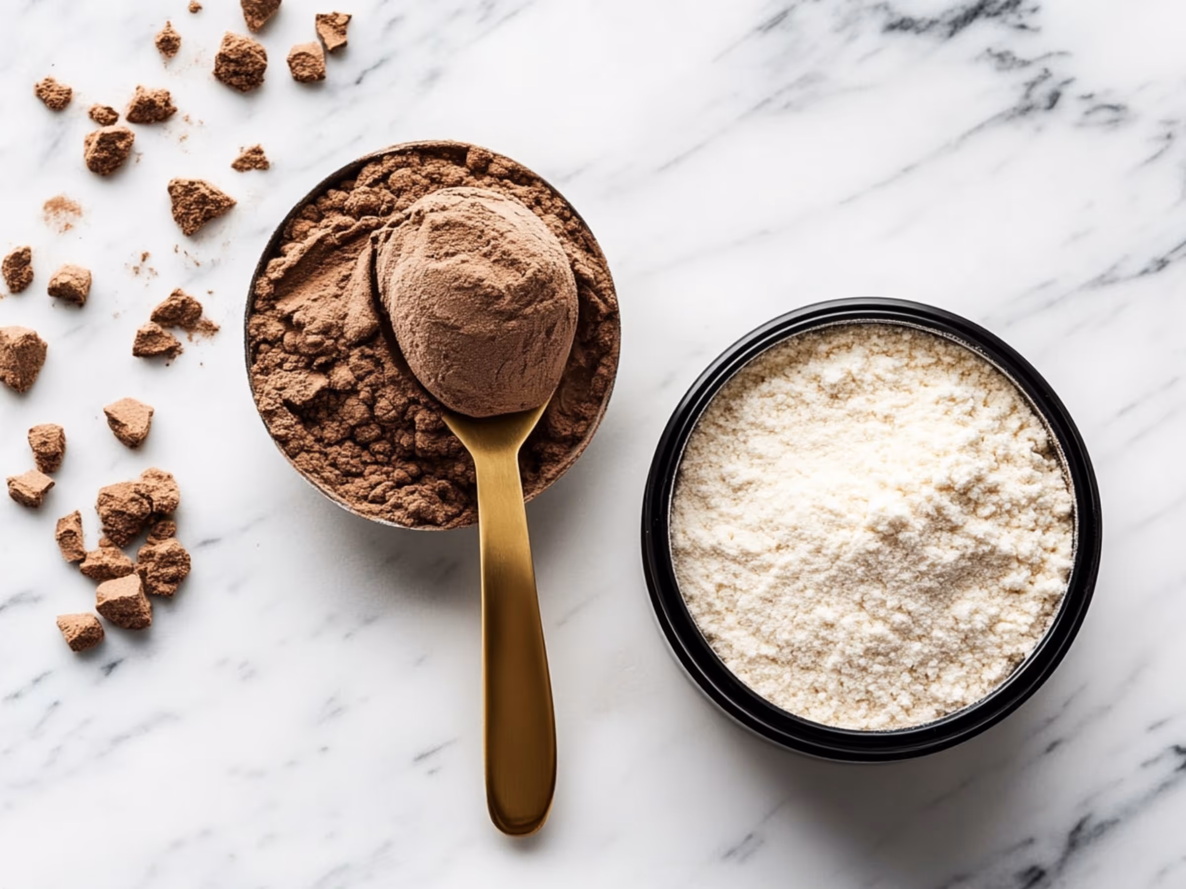 Two containers of protein powder on a marble surface; one with chocolate powder and a gold scoop, the other with vanilla powder.