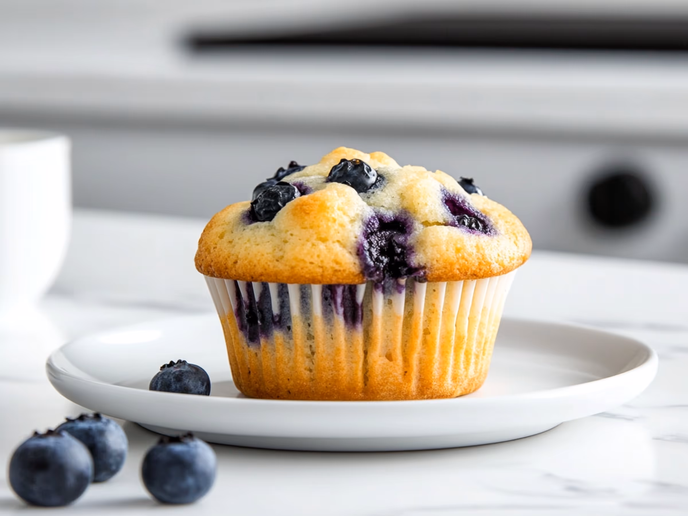 Blueberry muffin on a white plate with fresh blueberries nearby on a marble surface.