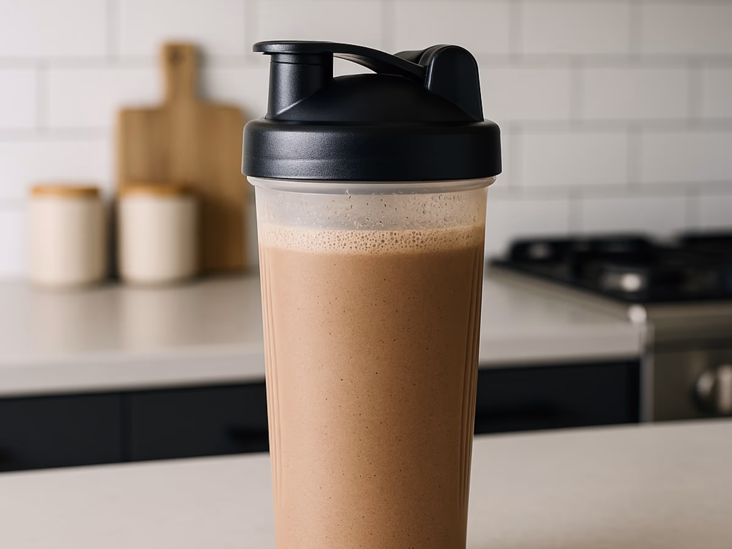 Plastic shaker bottle filled with a frothy chocolate protein shake on a kitchen counter.