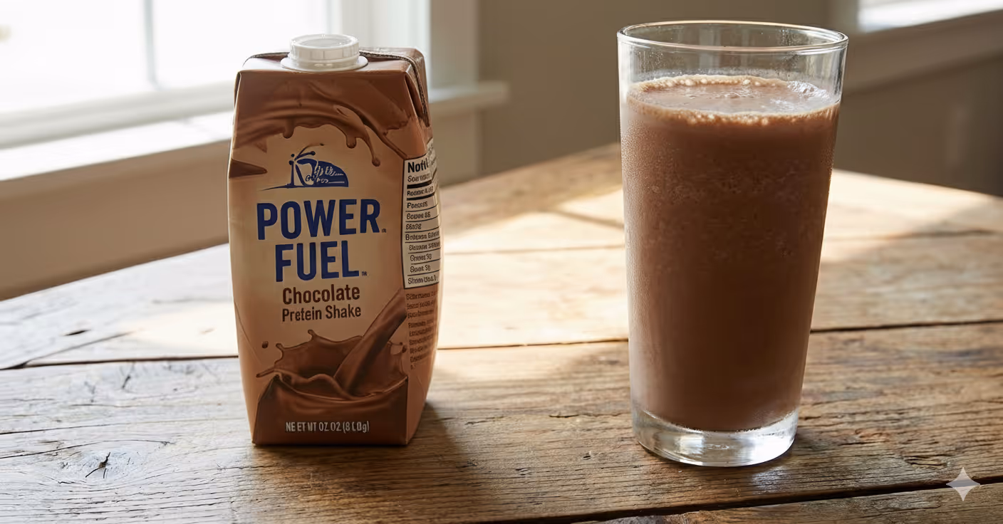 Glass of chocolate protein shake next to a carton labeled Power Fuel Chocolate Protein Shake on a wooden table.