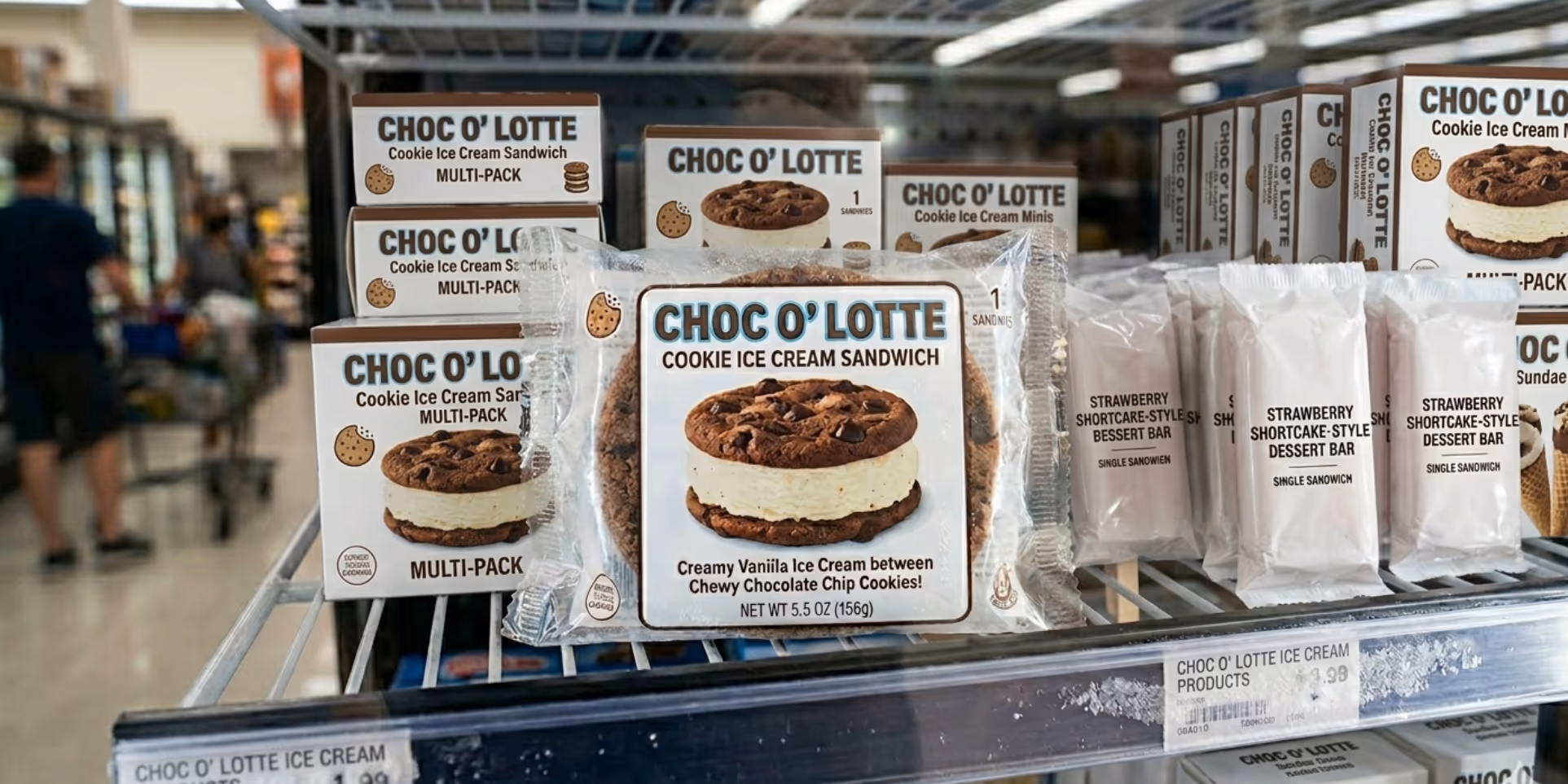 Choc O' Lotte cookie ice cream sandwiches and strawberry dessert bars on a store freezer shelf.