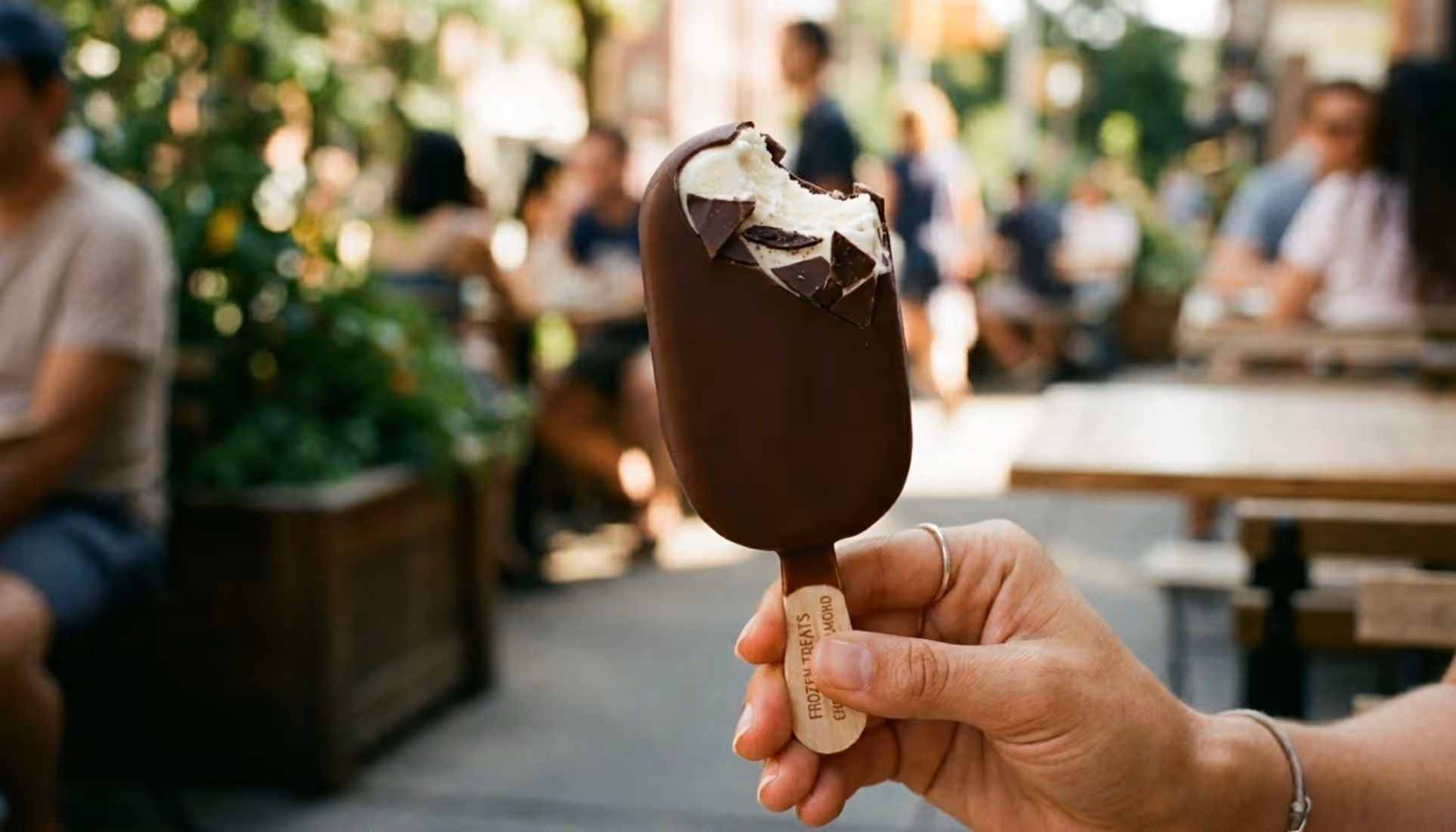 Hand holding a bitten chocolate-covered ice cream bar outdoors with blurred people in background.