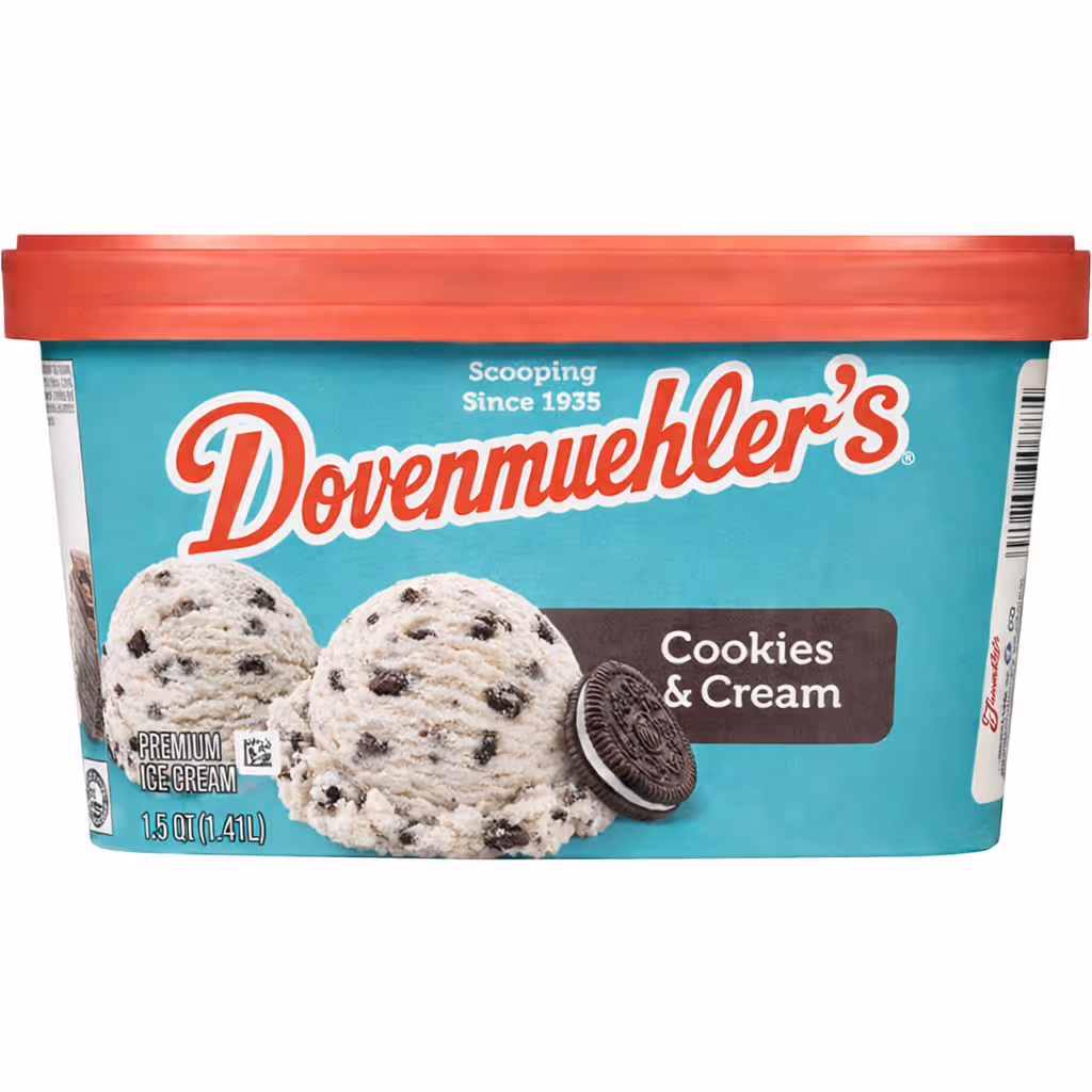 Dovemuehler's Cookies & Cream premium ice cream container with red lid and cookie image.