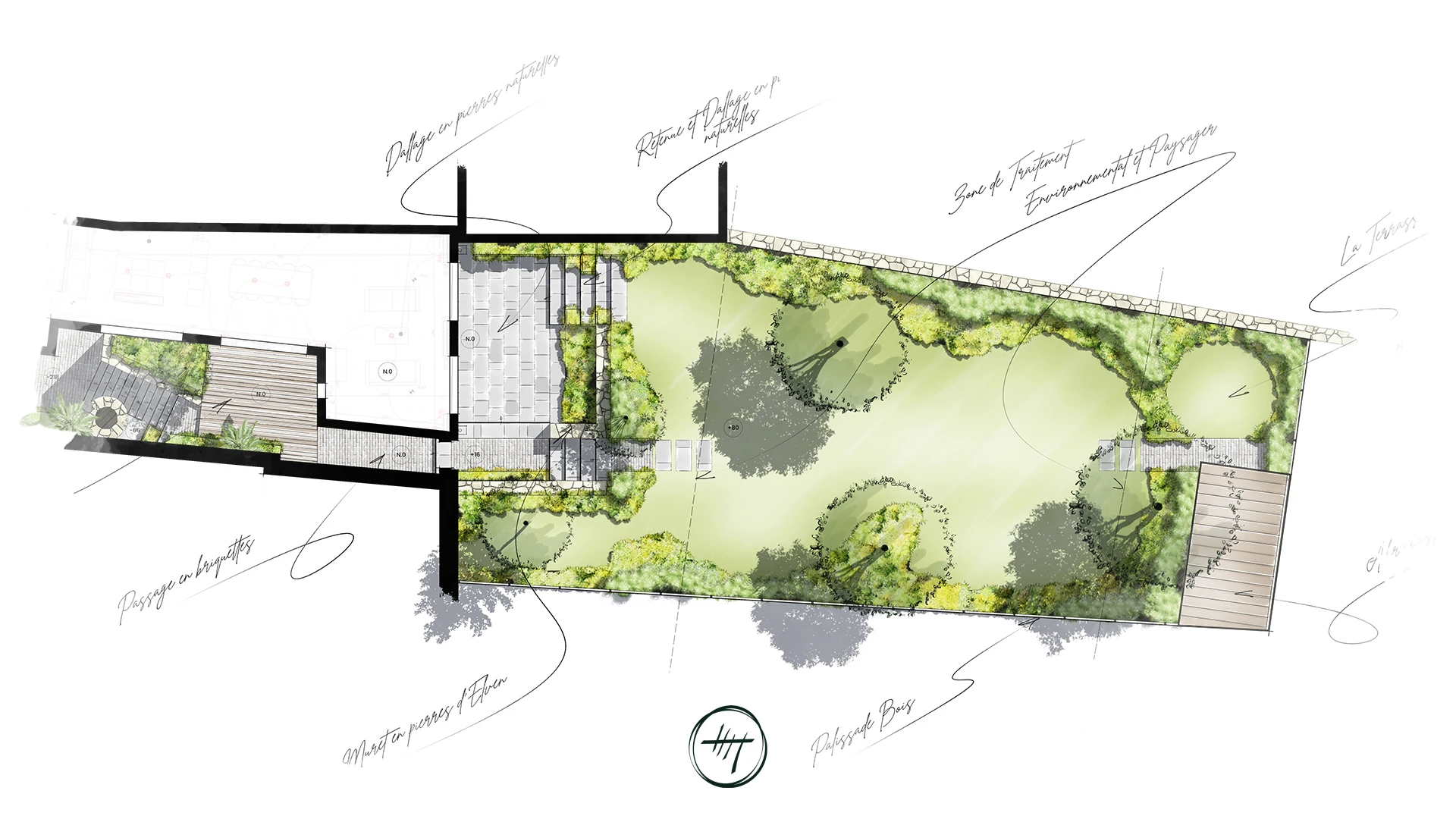Plan d'un jardin intégrant une zone naturelle entre des murs en pierres à port-louis (56)