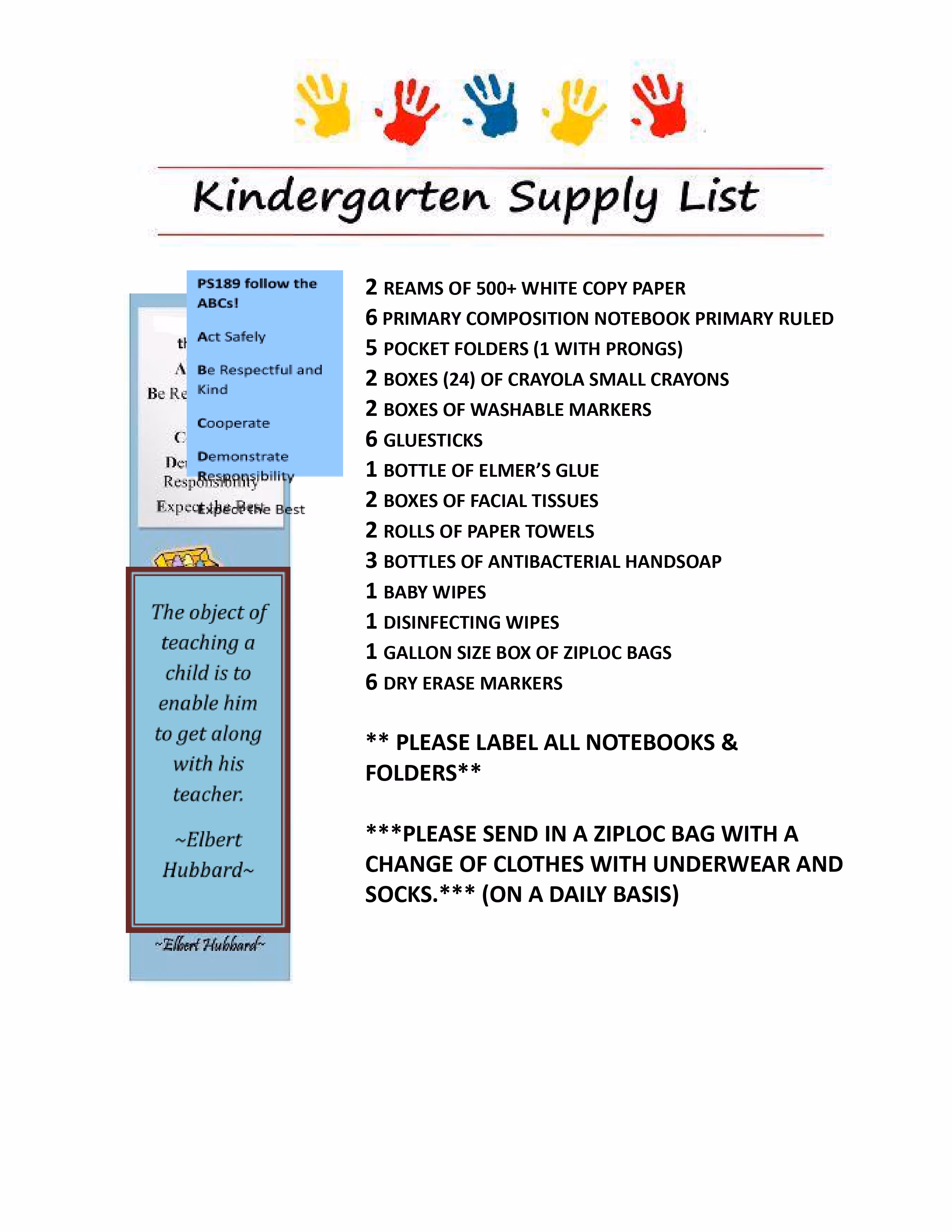 Kindergarten supply list for PS189 with required classroom materials