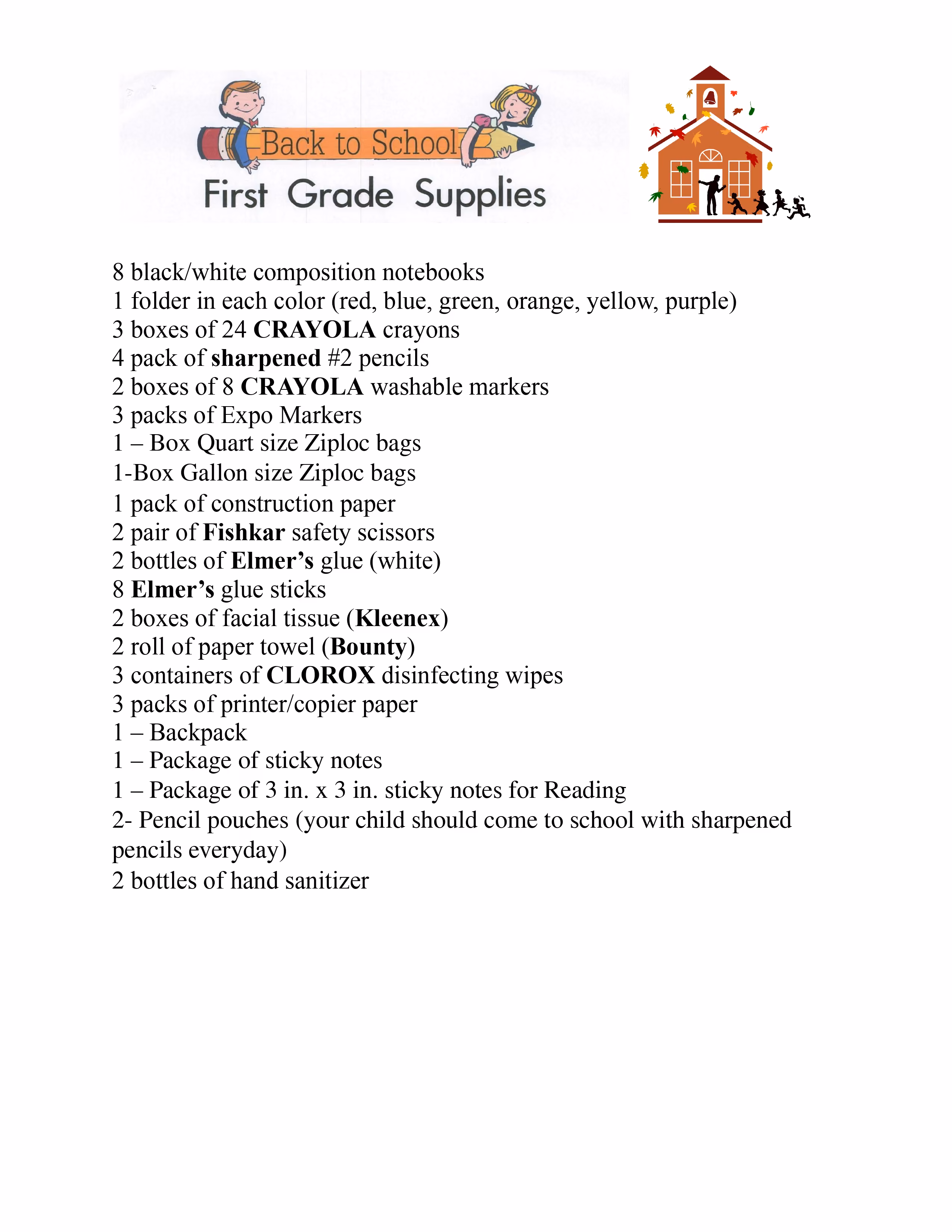 First grade back to school supply list for families