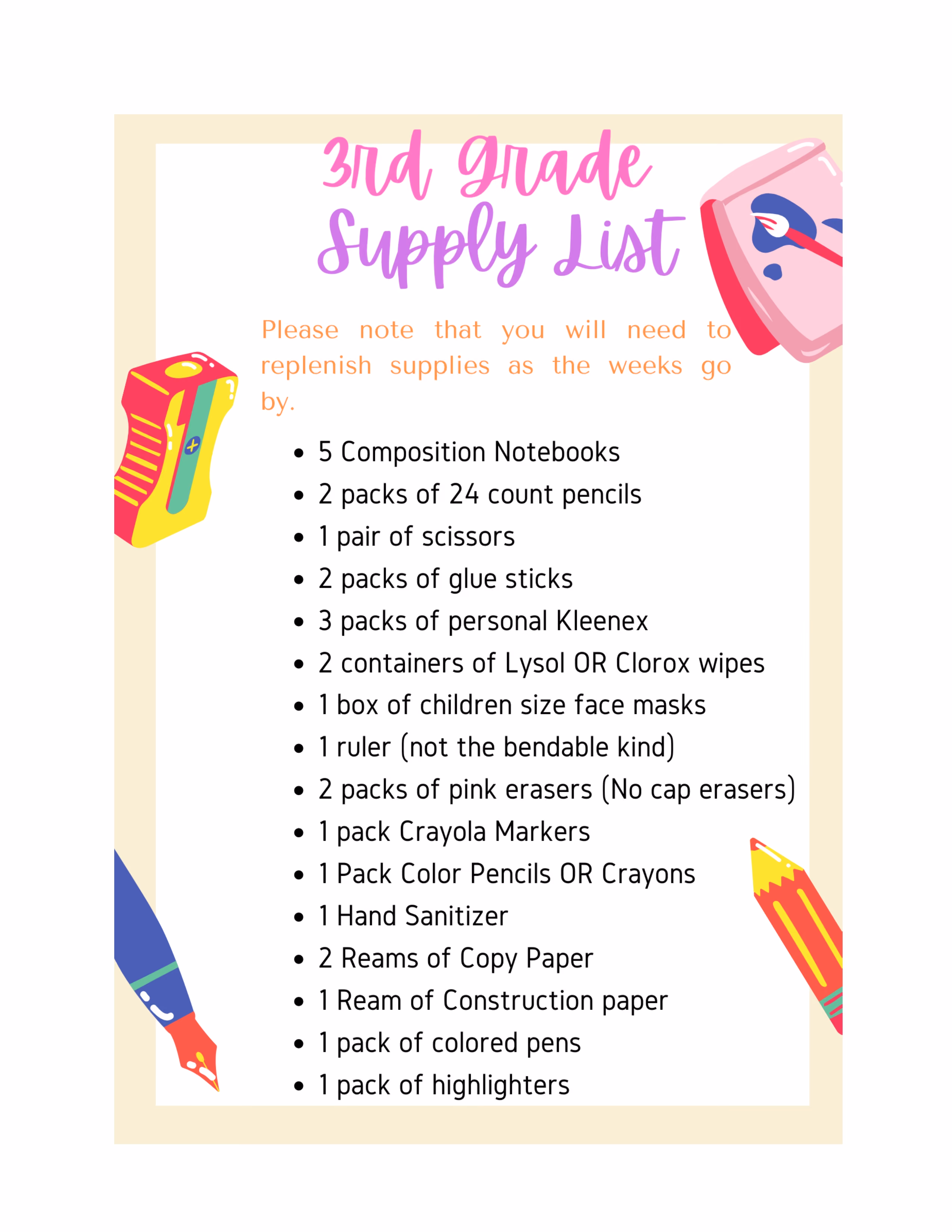 3rd Grade supply list with required school materials for students