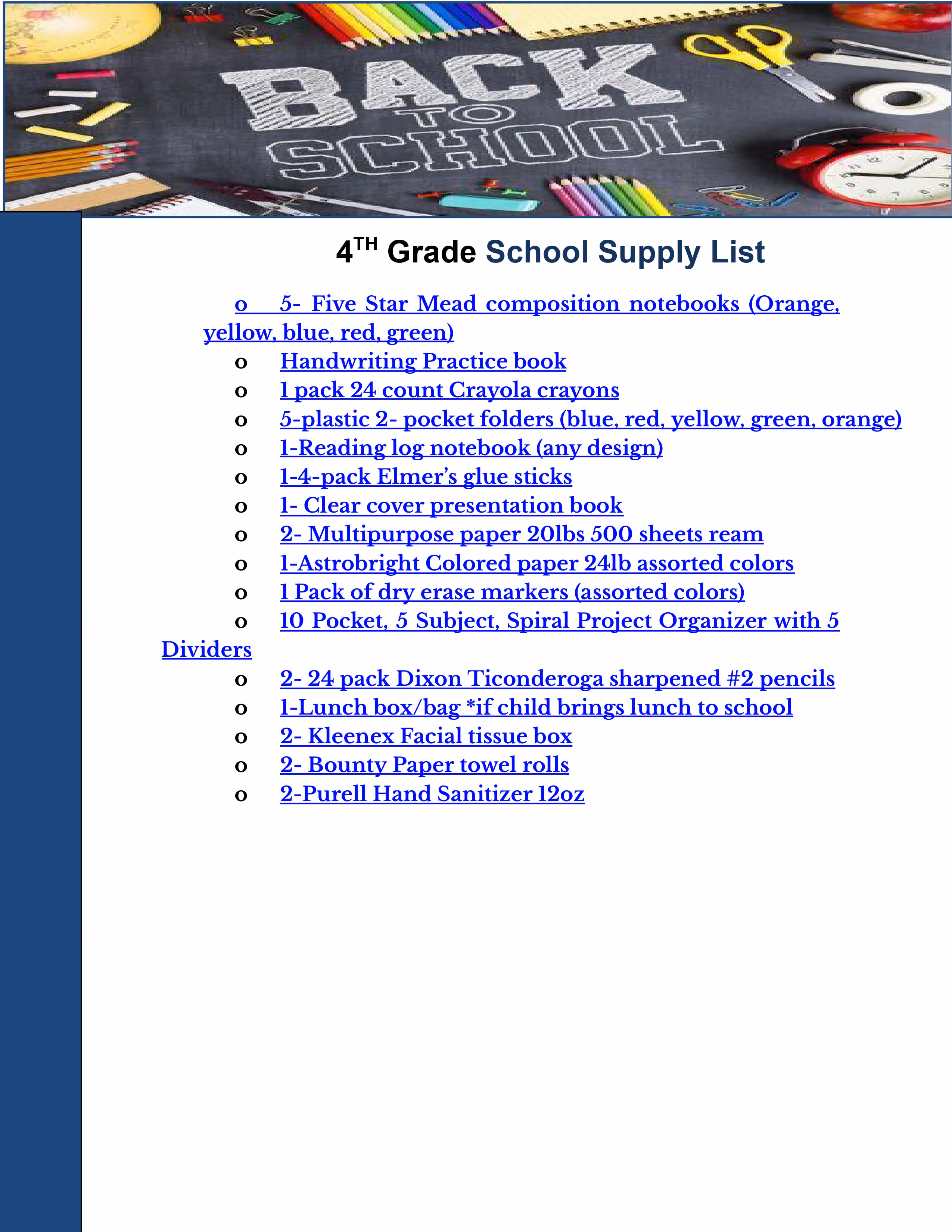 Fourth grade school supply list with back to school header graphic