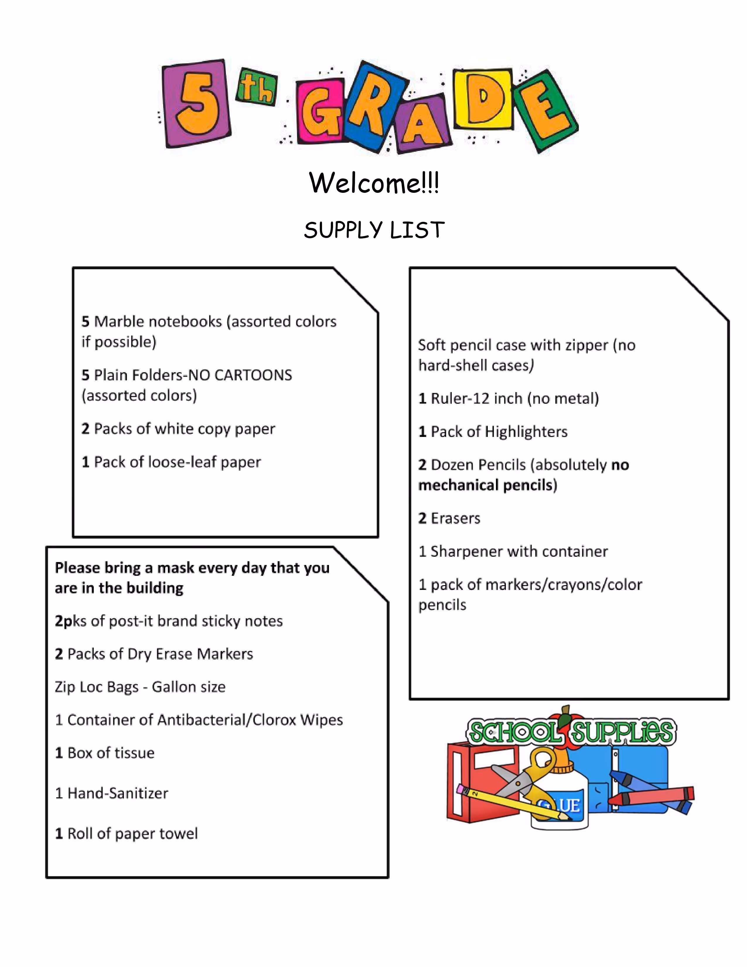 5th grade welcome supply list with required school materials
