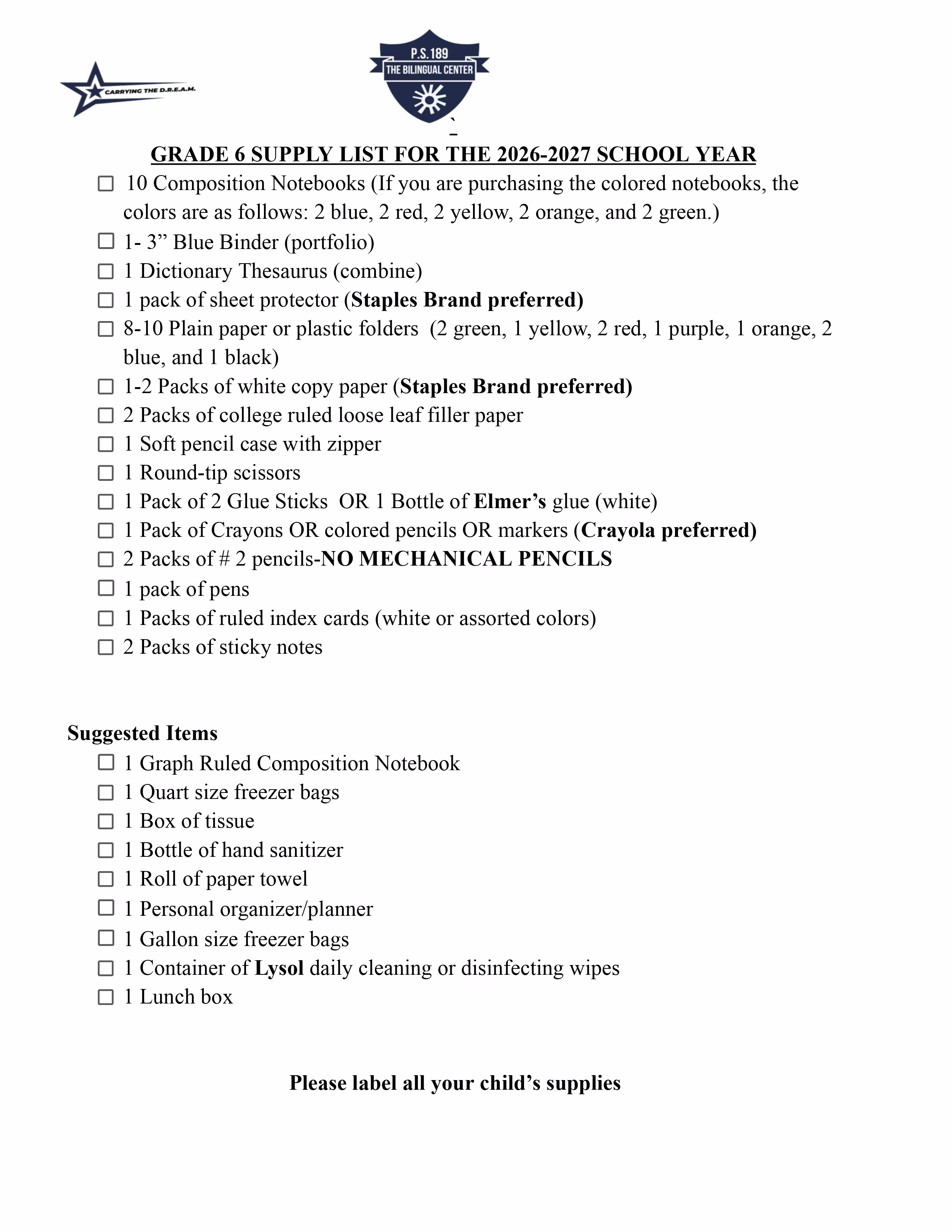 Grade 6 supply list for PS 189 the 2026-2027 school year