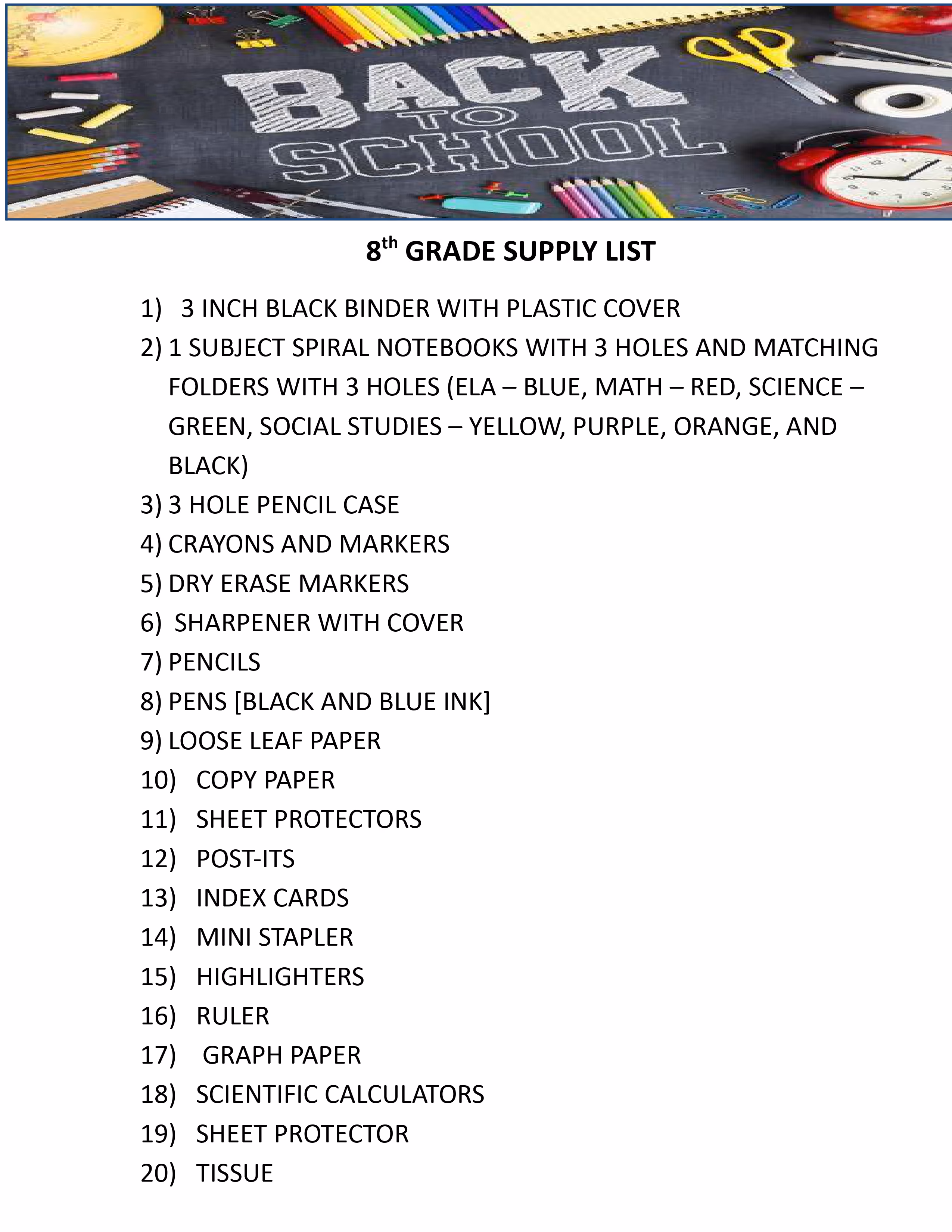 8th grade back to school supply list with 20 items