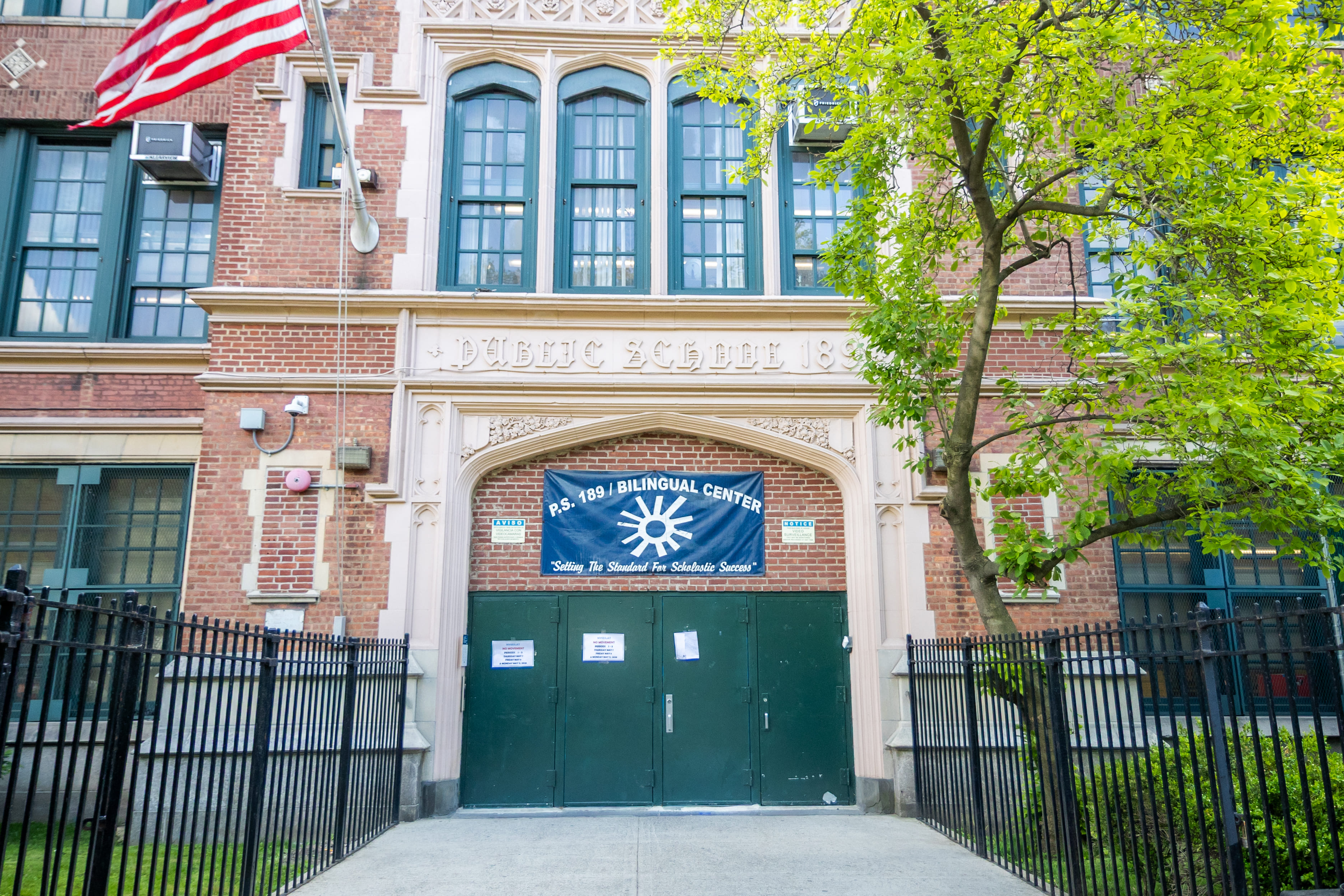 Exterior entrance of PS 189 Bilingual Center school building