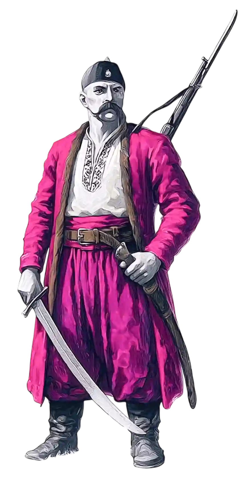 Запорожець у червоному вбранні з шаблею та рушницею