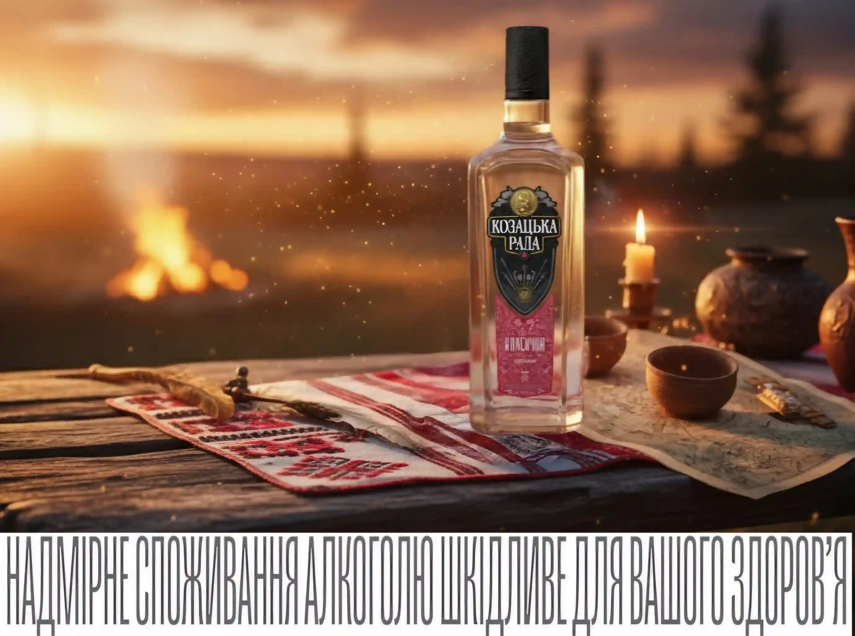 Пляшка Козацька Рада на столі з козацьким посудом і свічкою на фоні вогнища