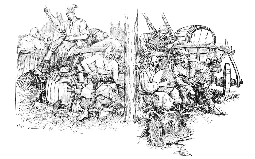 Малюнок: козаки з оселедцями відпочивають у таборі