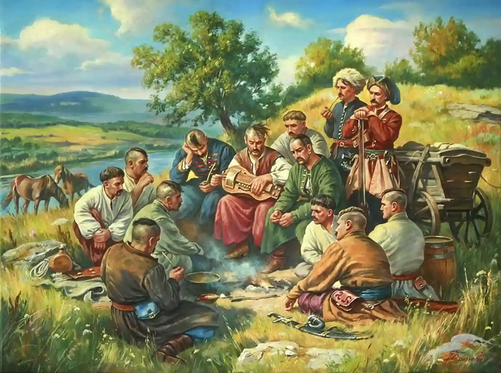 Козаки на раді після служби, застілля на природі