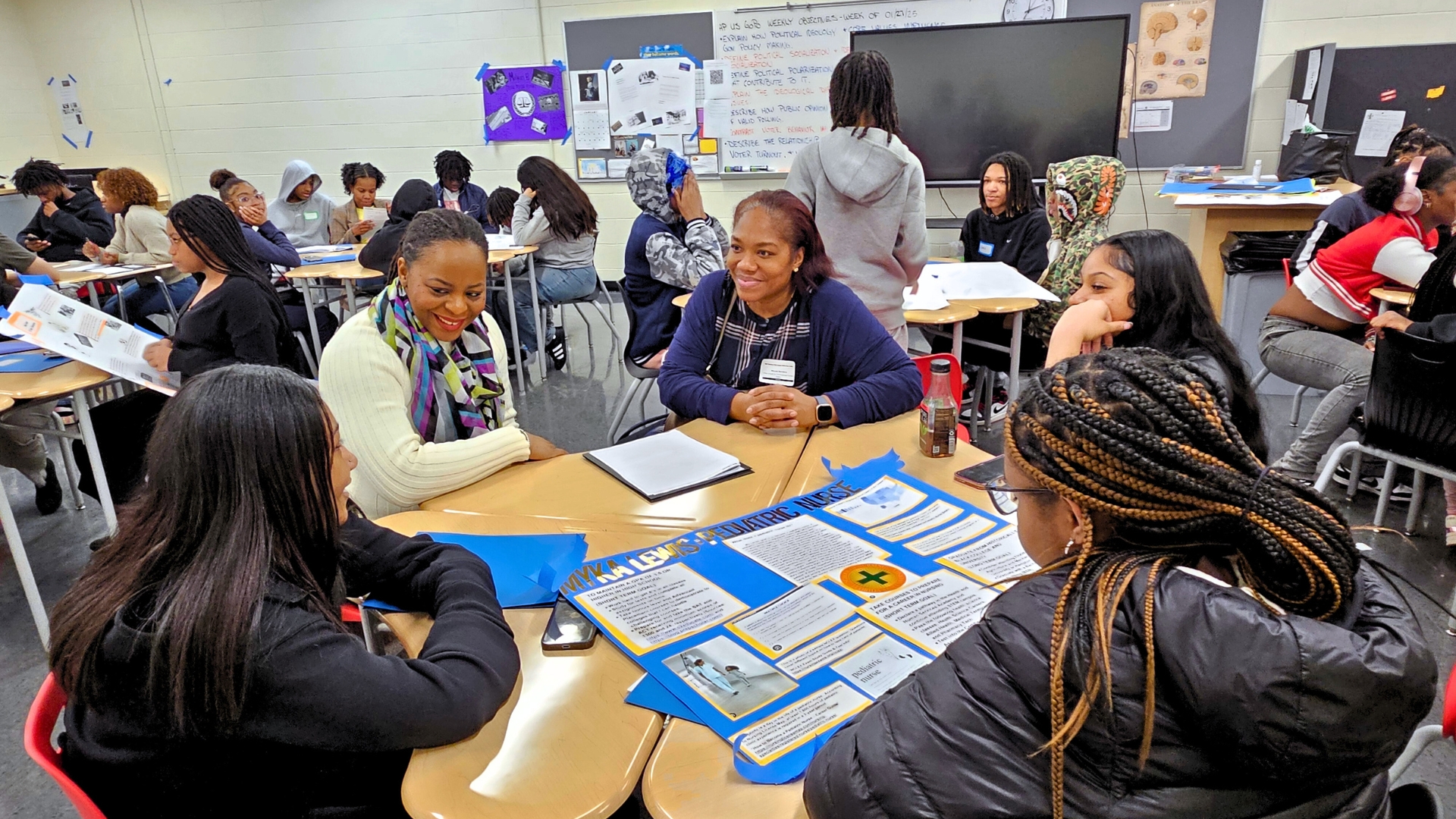 At one of NewRoot's Student Day of Action events, three high school students are seated with two adult volunteers, surrounding a vision board in a classroom.
