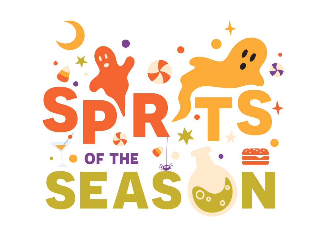 Graphic with words spirits of the season with little orange and yellow ghosts