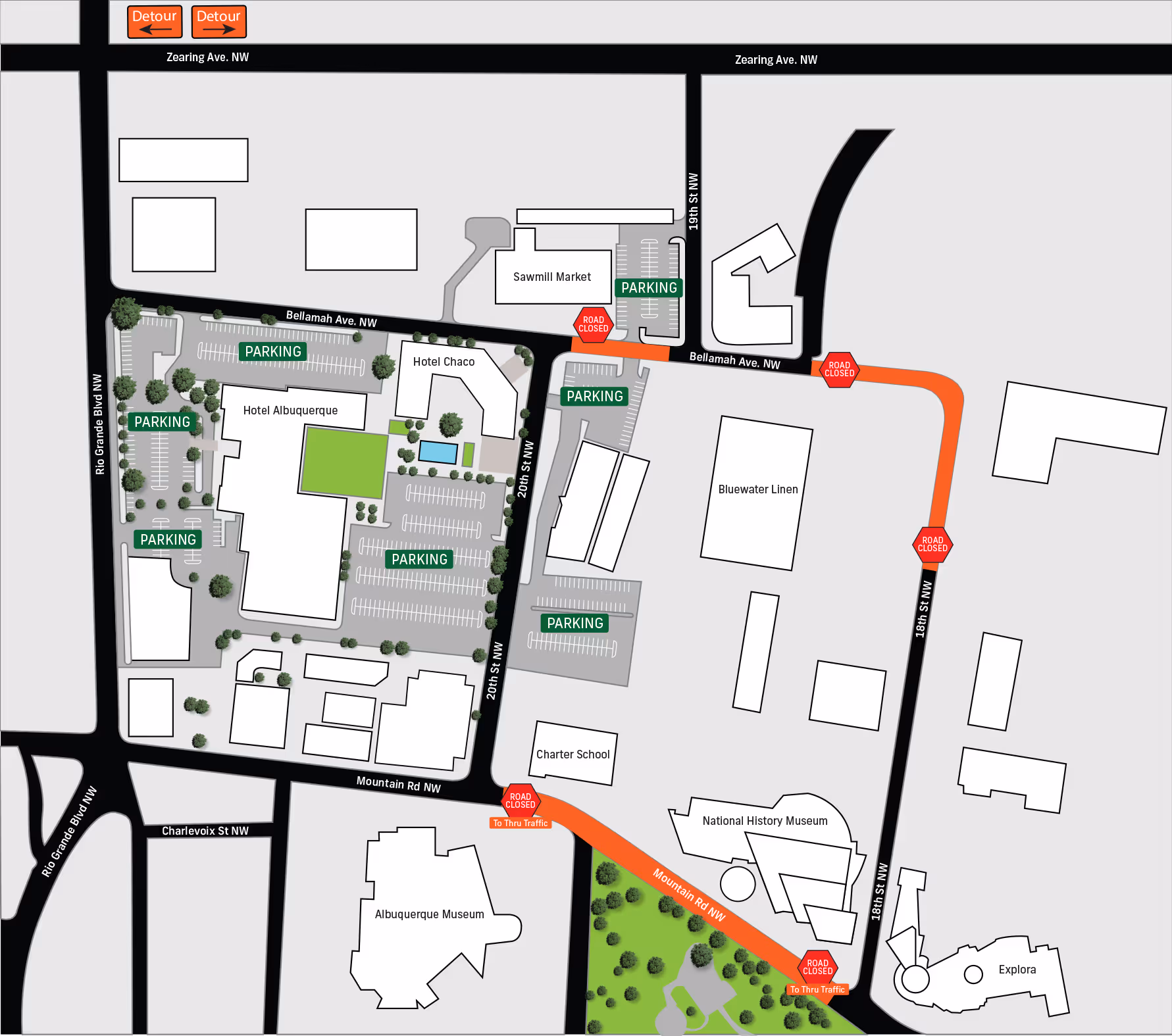 Map of Sawmill district of current construction phase with part of 18th closed and part of Bellamah in front of Sawmill only parking can be accessed from Bellamah heading east from Rio Grande, North on 20th of south on  19th from Zearing