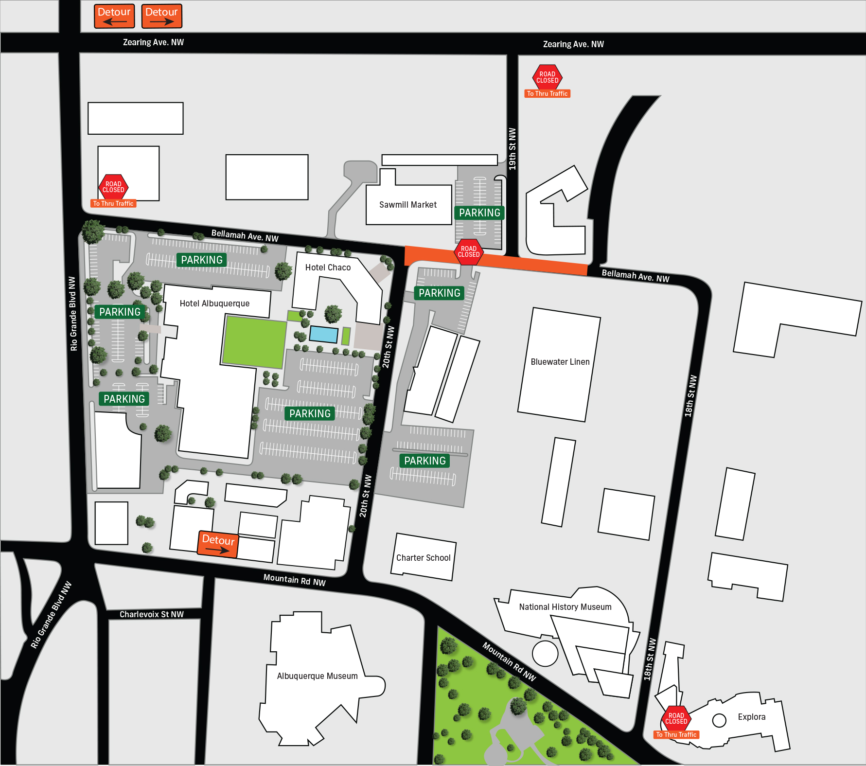Map of Sawmill district showing small portion of road closed directly in front of the east parking lot on the east entrance access can be had going south on 19th from Zearing or Bellamah from Rio Grande heading east or 20th st from Mountain road heading north