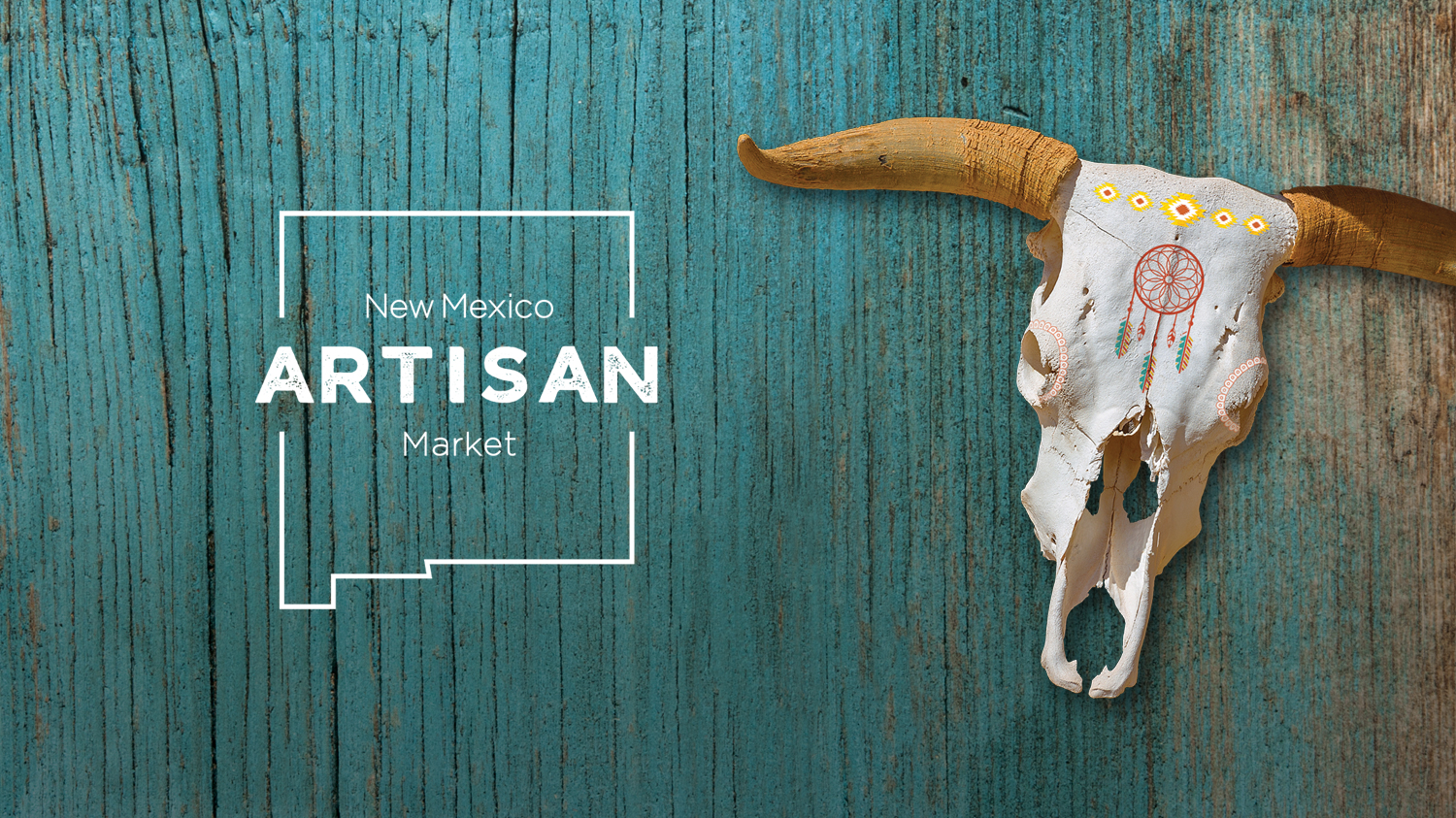 Graphic with New Mexico Artisan Market logo on wooden background with cow skull
