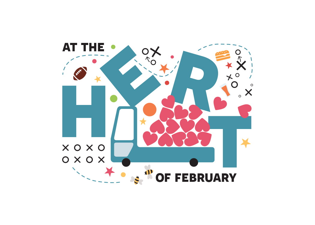 Graphic with words "At the Heart of February" with hearts and bees