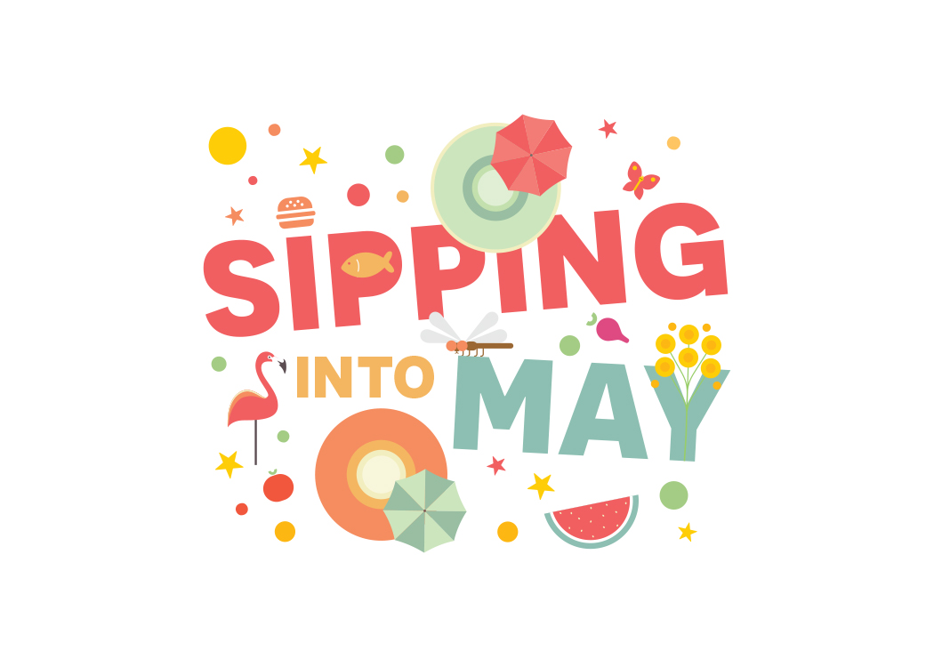 Graphic that says Sipping into May with Summer themed items like watermelon, umbrellas, and butterflies.