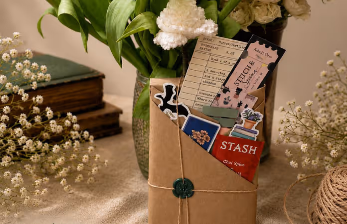 Book wrapped in brown paper including various stickers and bookmark