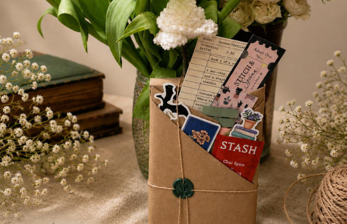 Paper wrapped book with seal and various bookmark style items sticking out,