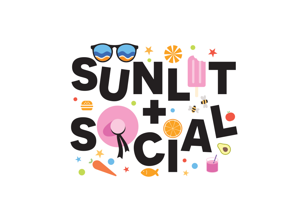 Graphic that says Sunlit Social with various Summer themed graphics such as ice cream, bees, and sunglasses