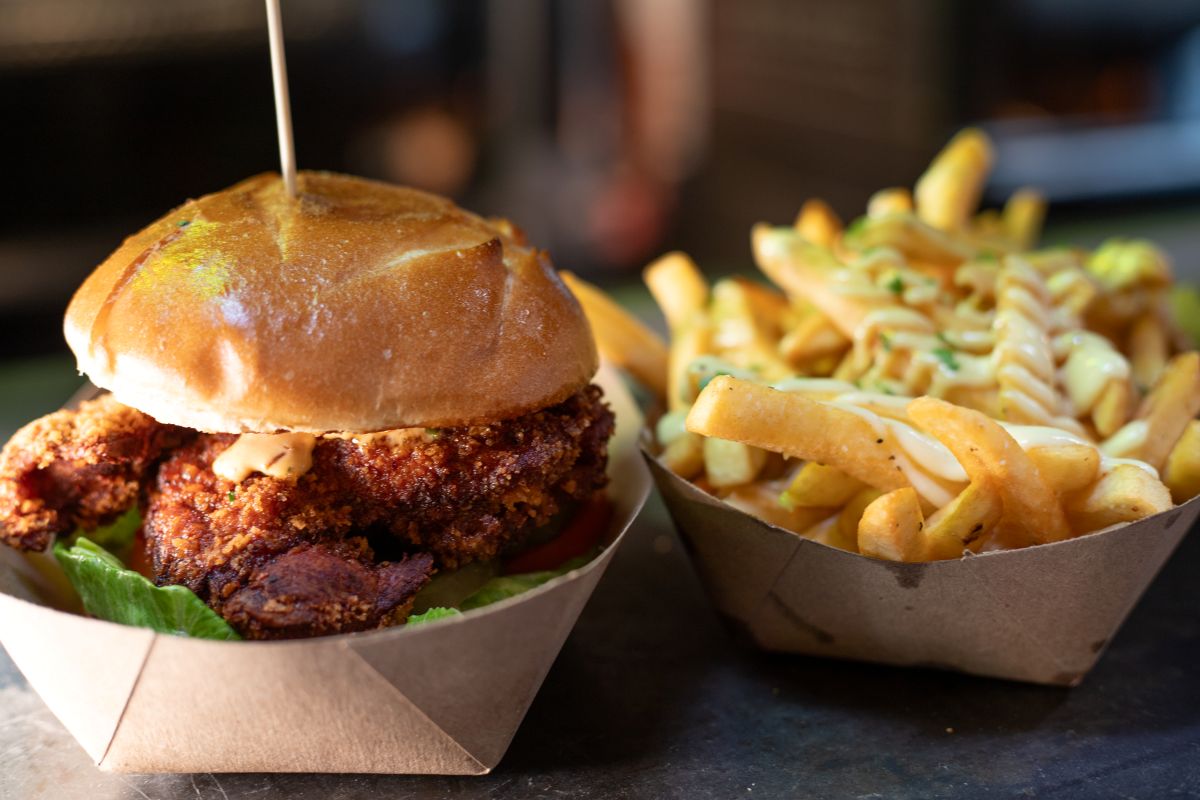 Fried chicken sandwich with fries