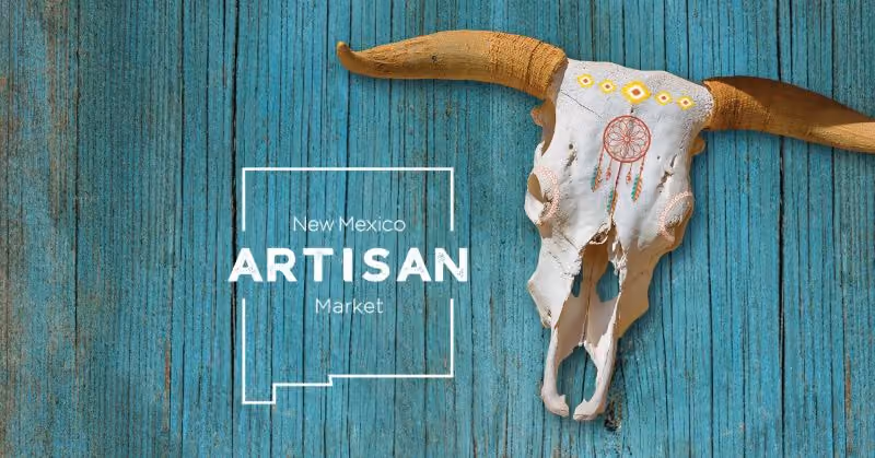 Image of cow skull with designs and the logo of the New Mexico Artisan Market