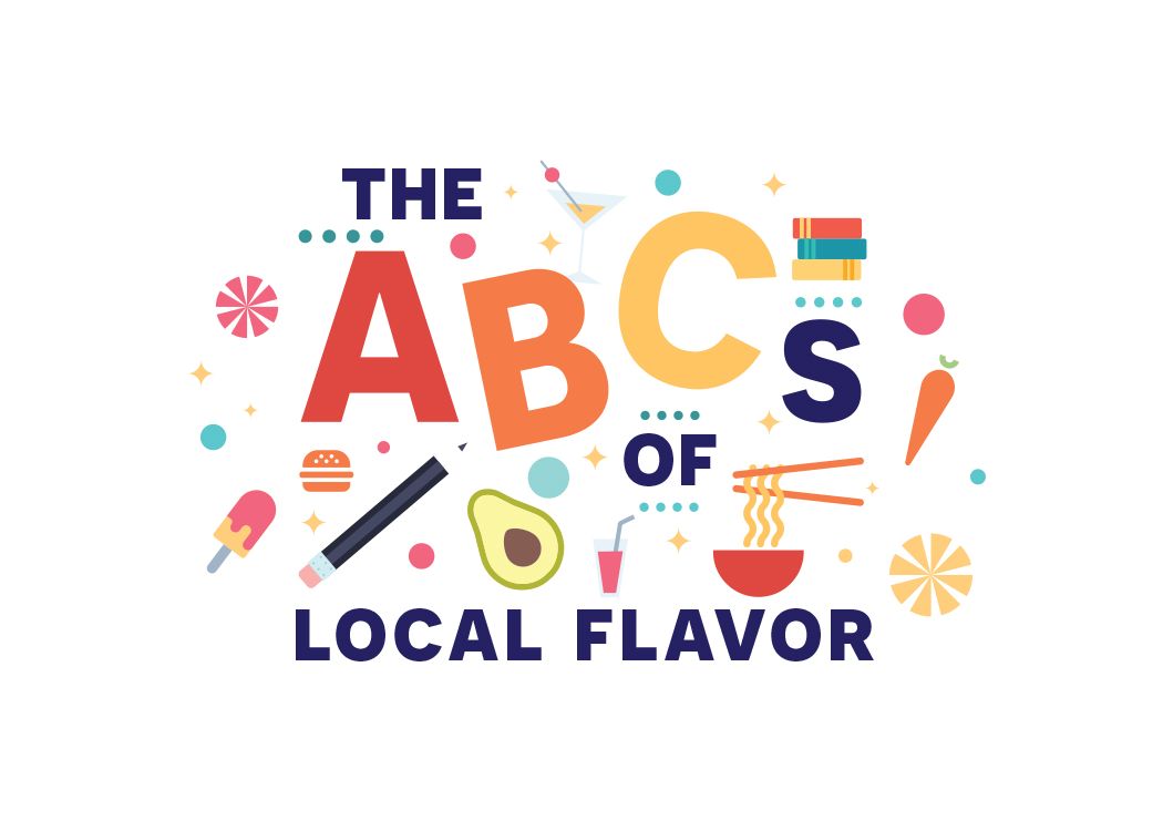 Graphic that says "the A B C's of Local Flavor" with small graphics of books, avocado, pencil and carrot.