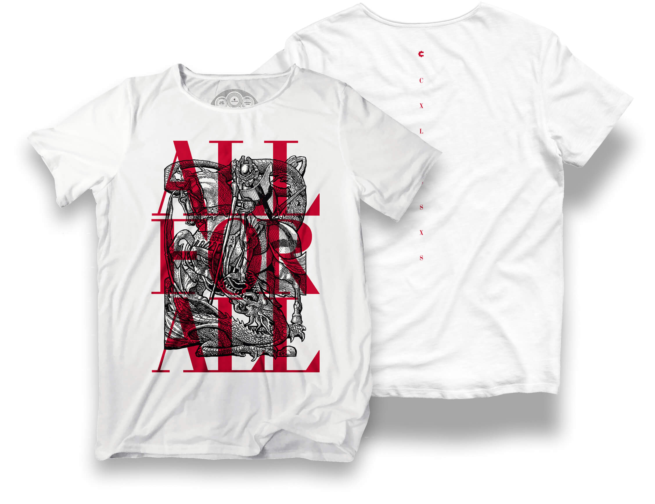 Black t-shirts with gold spiral on the front and "CXLXSSXS" on the back