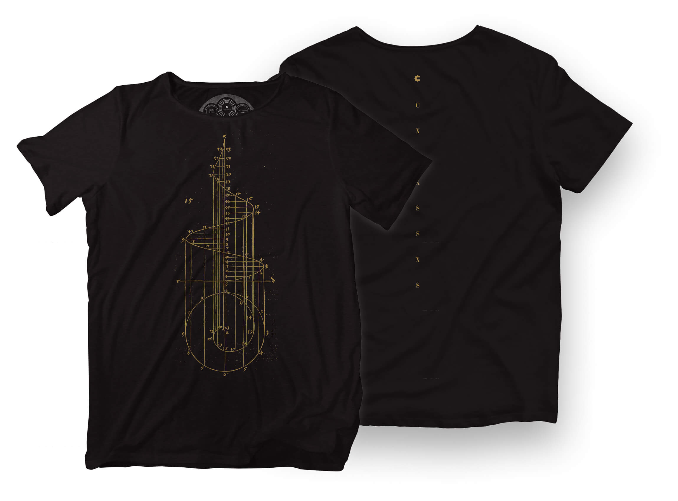 Black short-sleeve t-shirts with gold spiral on the front and "CXLXSSXS" on the back