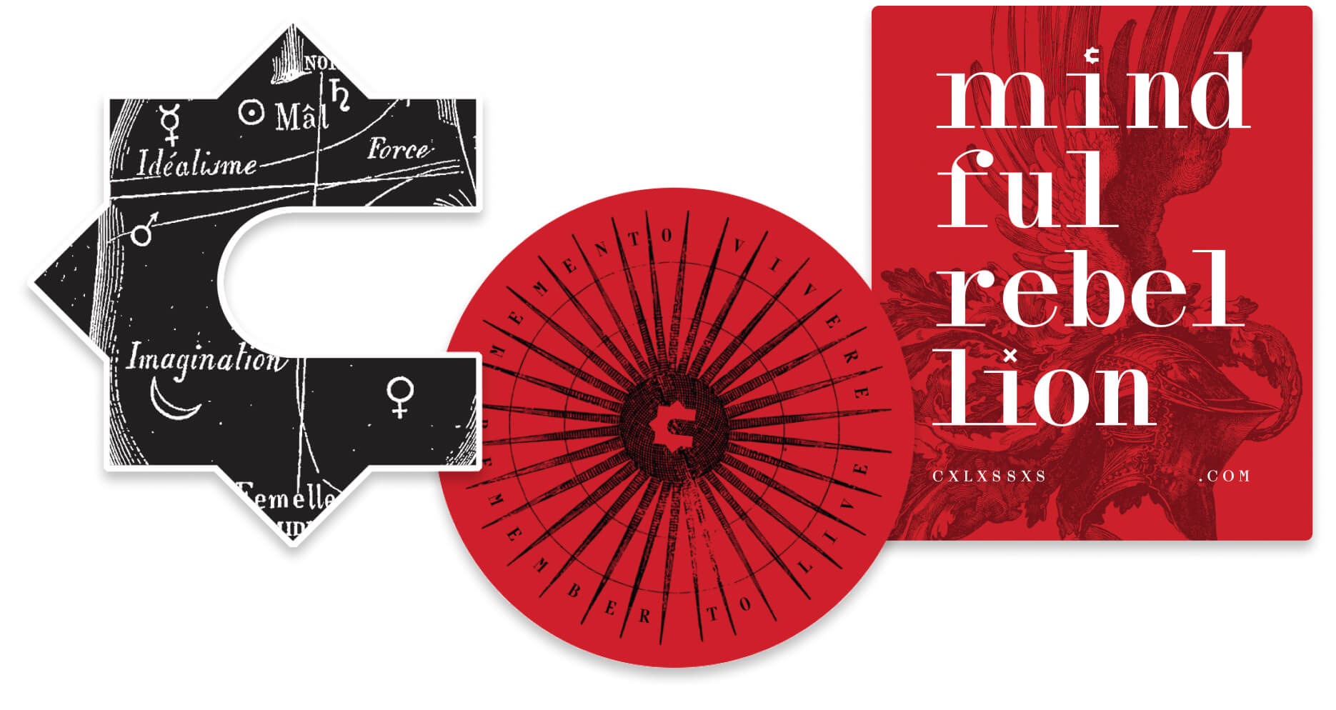 Colossus stickers: big black logo "C," "Memento vivere," and "Mindful rebellion"