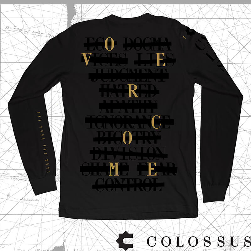 Instagram post: Black long-sleeve t-shirt with "OVERCOME" printed in gold on the back