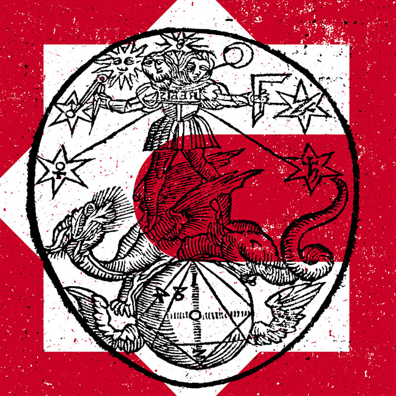 Instagram post: Colossus "C" logo in white on a red background with a black esoteric illustration overlayed