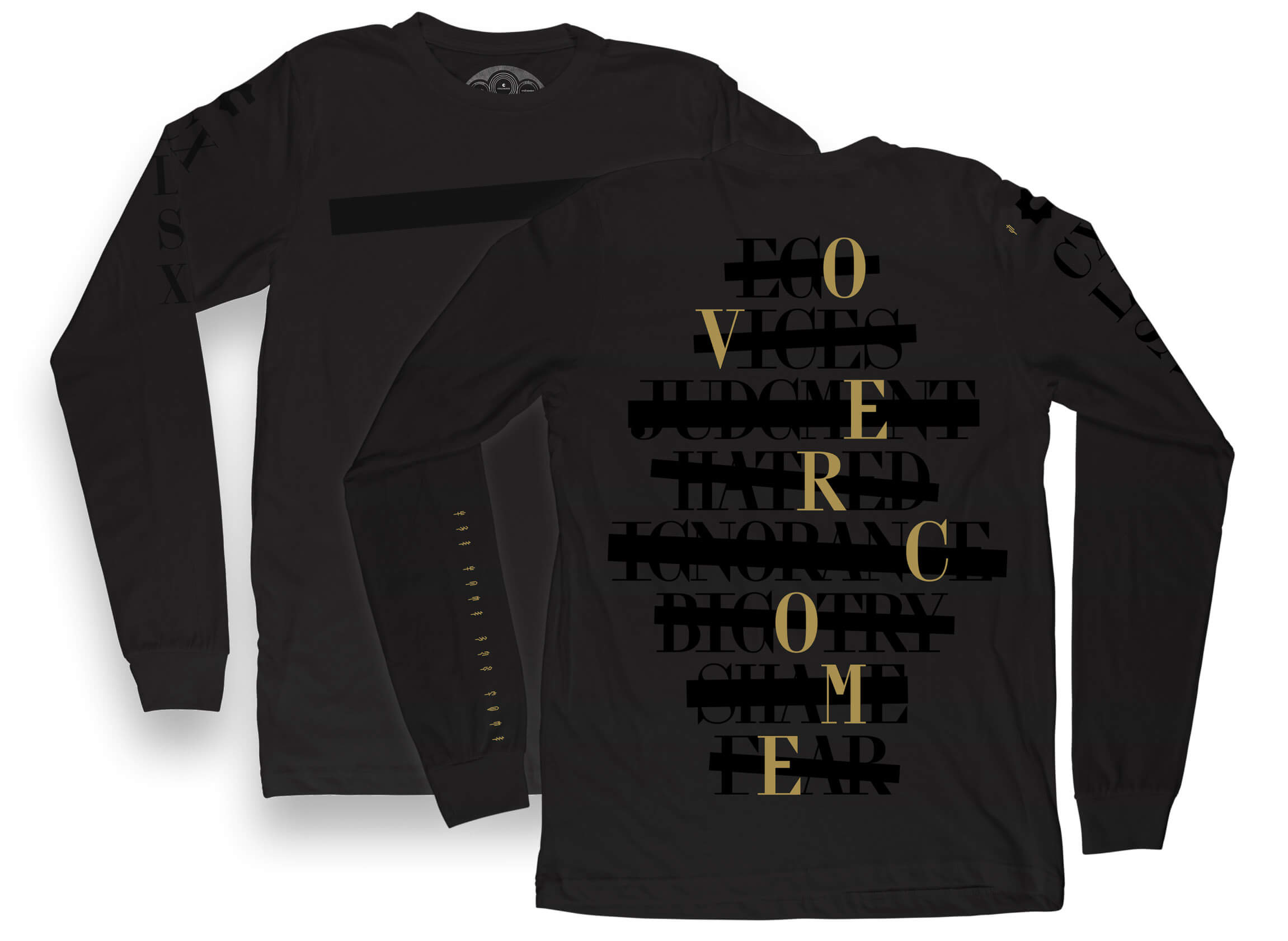Black long-sleeve t-shirts with black stripe on the front and "OVERCOME" printed in gold on the back