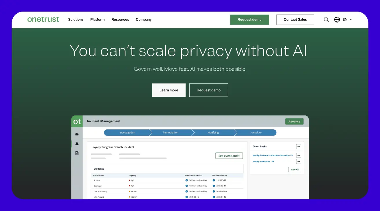 Screenshot of OneTrust website