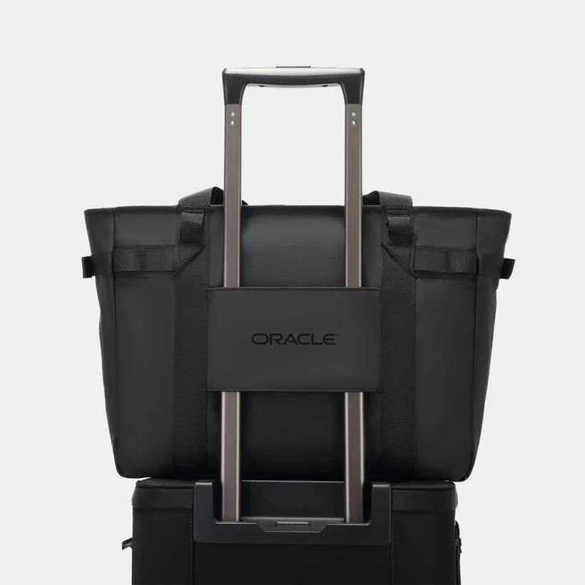 A black bag on a traveling suitcase 