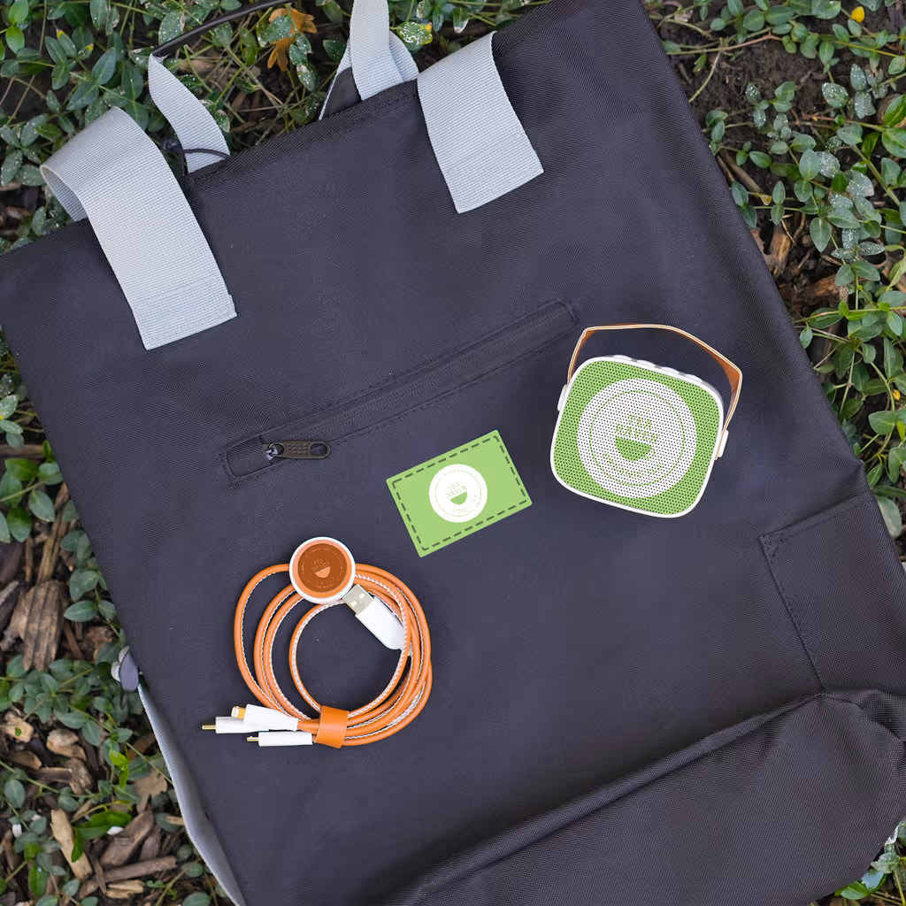 Branded swag: cloth bag with portable speaker and charging cords