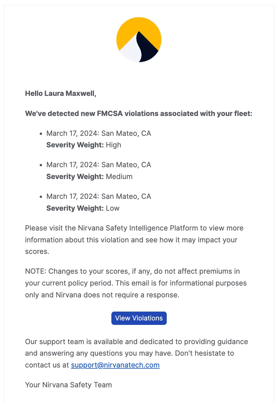 FMCSA violation email notification example