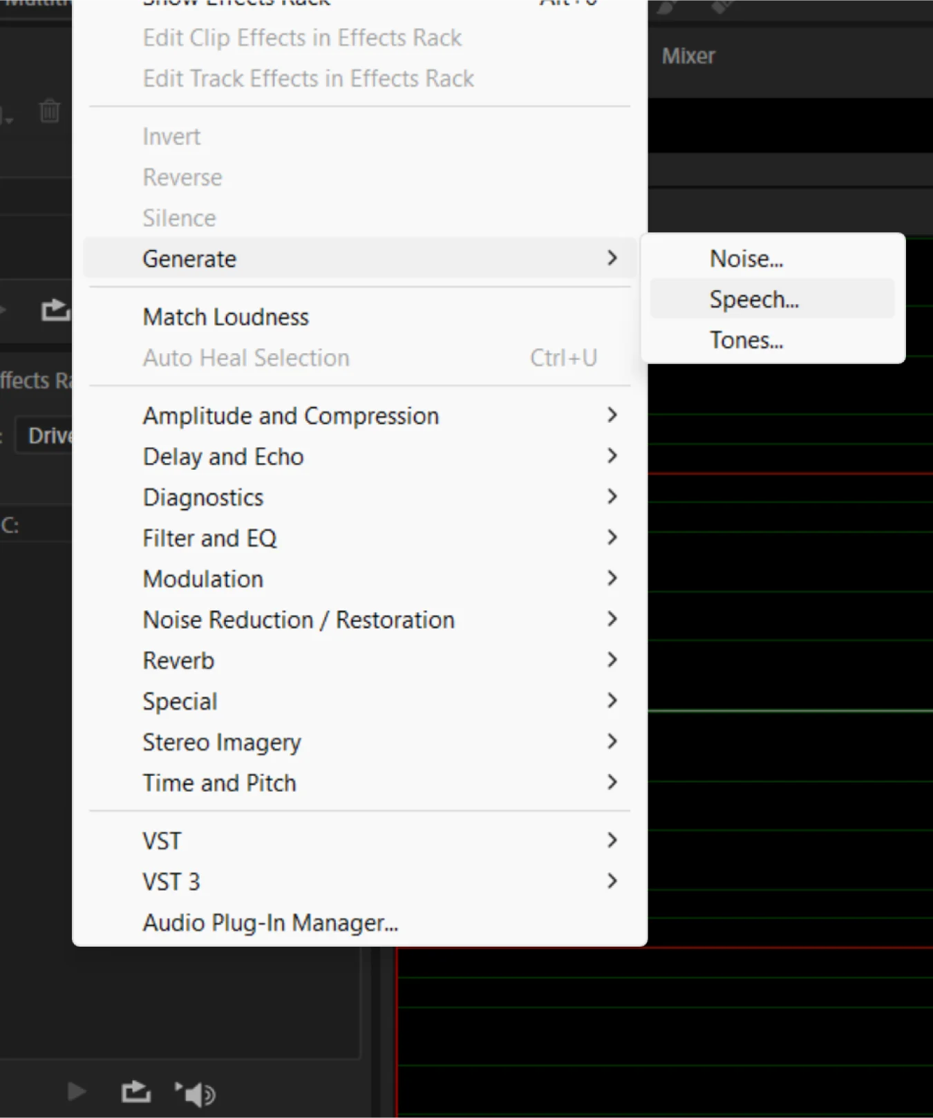 Open Adobe Audition, click on 'Effects', then 'Generate' and then 'Speech'.