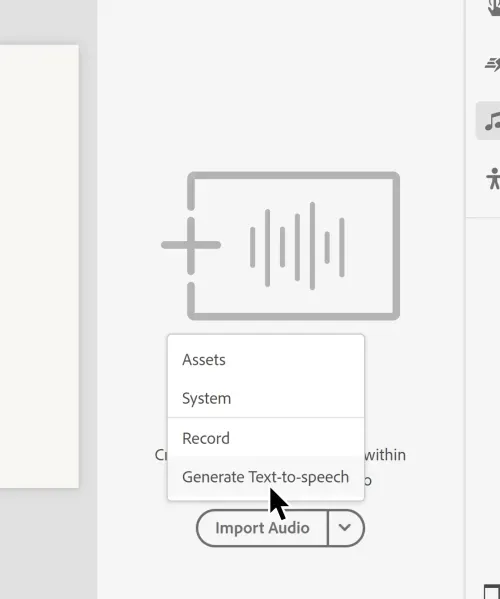 Select Audio on the right-hand side panel and click on Import Audio. Next, select Generate Text-to-Speech option in the dropdown