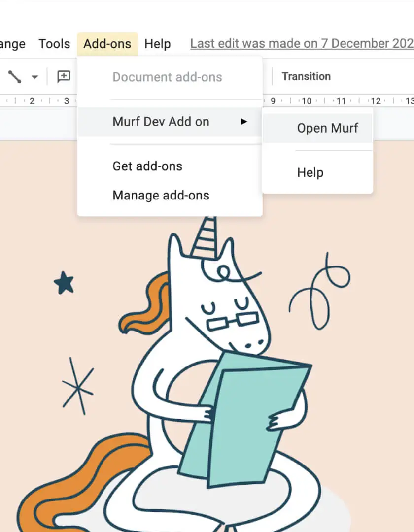 Open a new presentation in Google Slides and switch on the Add-on from the top toolbar. Click “Open Murf” from the Addons menu.